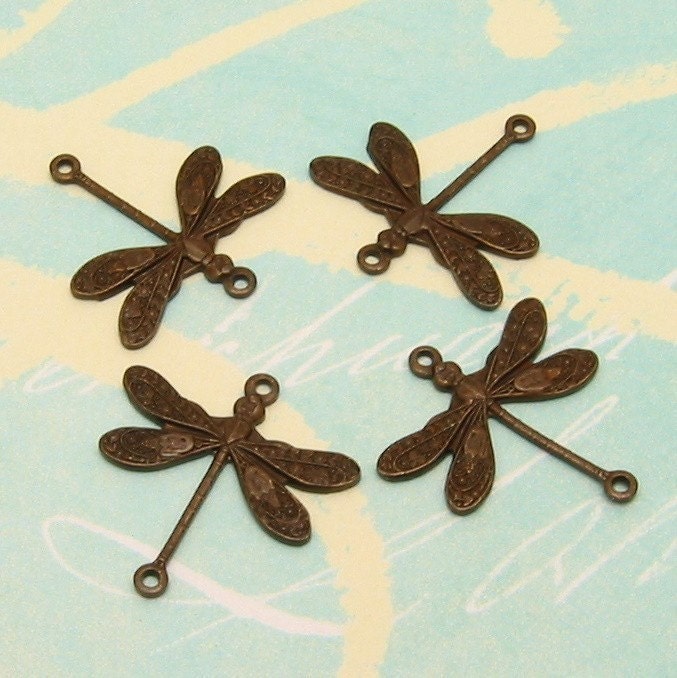 Dragonfly 2-Ring Connector Vintage Patina Trinity Brass 4 Pc. VP73