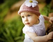 baby girl knit hat with flower accent.  size newborn- big kid available.