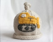 baby boy hand knit hat with bulldozer digger applique.  sizes newborn to big kid available