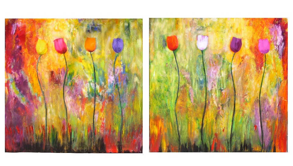 Tulip painting abstract floral yellow, magenta, green , red Marems number 29