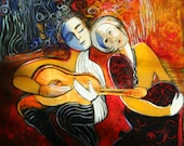 Abstract  figurative modern painting art  musical scene red blues primary colors marems