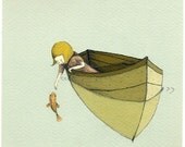 Childrens - Illustration- Wall Art Print -Sofi and the fish,  BIG PRINT 11.69 x 16.54 inches (A3)