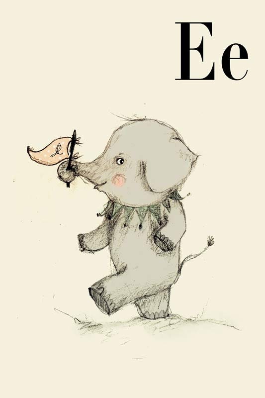 E for Elephant, Alphabet animal,  Print 4x6 inches