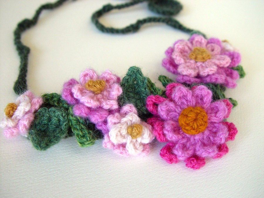 Crochet Necklace Pink Flowers