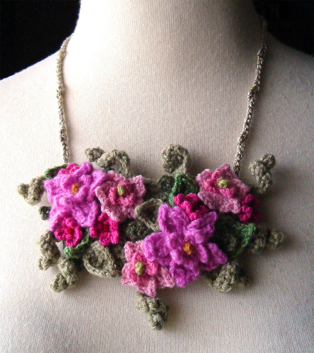 Crochet Bib Necklace in Hot Pink Flowers