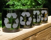 Set of 4 Stemless wine glasses made from recycled wine bottles with etched recycle symbol