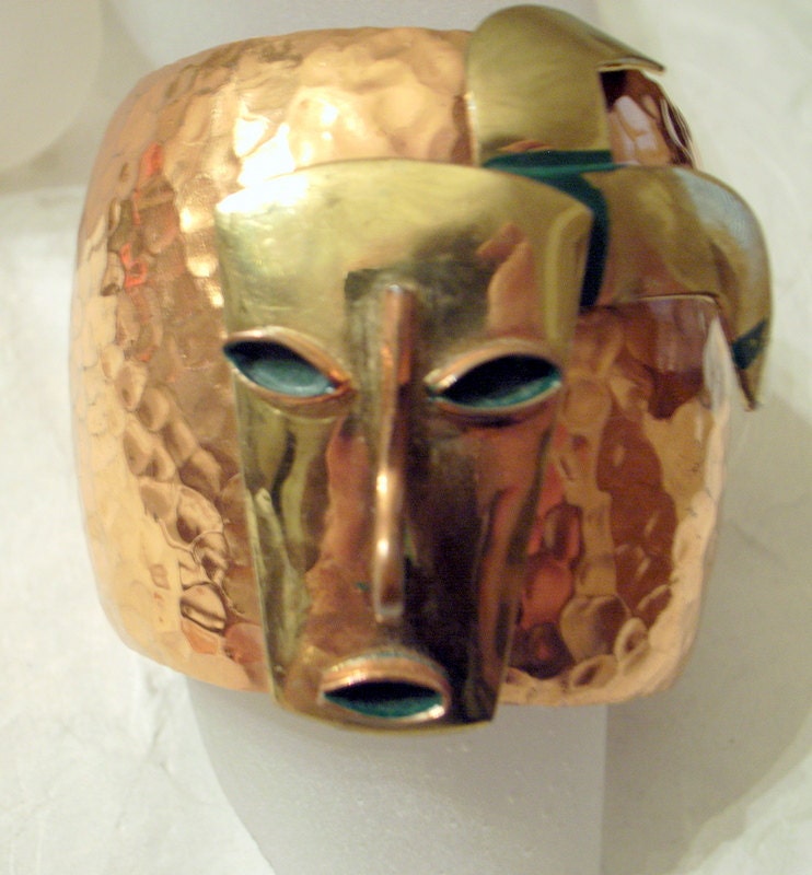 Huge Aztec Cuff Bracelet -Fifties Casa Maya Abstract Tribal Mid-Century Modernist  Handmade Mexico Alien Mayan Face Design With Enamel