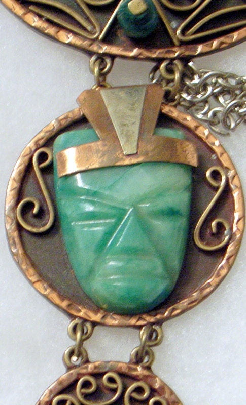 HUGE Aztec Face Necklace-Casa Luna Mexico- 5 Inch Pendant - Heavy Copper- Silver-Jade Face-Mid-Century Modern Bib SALE