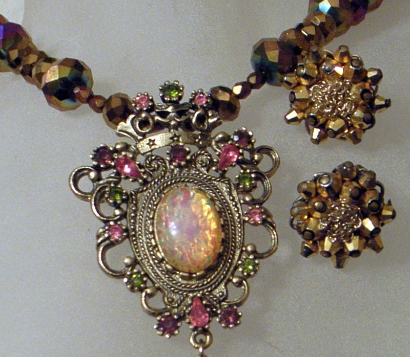 Opal Contessa Necklace Made With Vintage Sarah Coventry Brooch And Bling