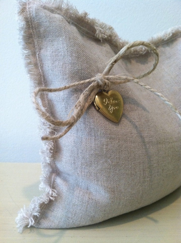 RING bearer pillow.  i love you heart locket. lavender filled linen pillow decoration.