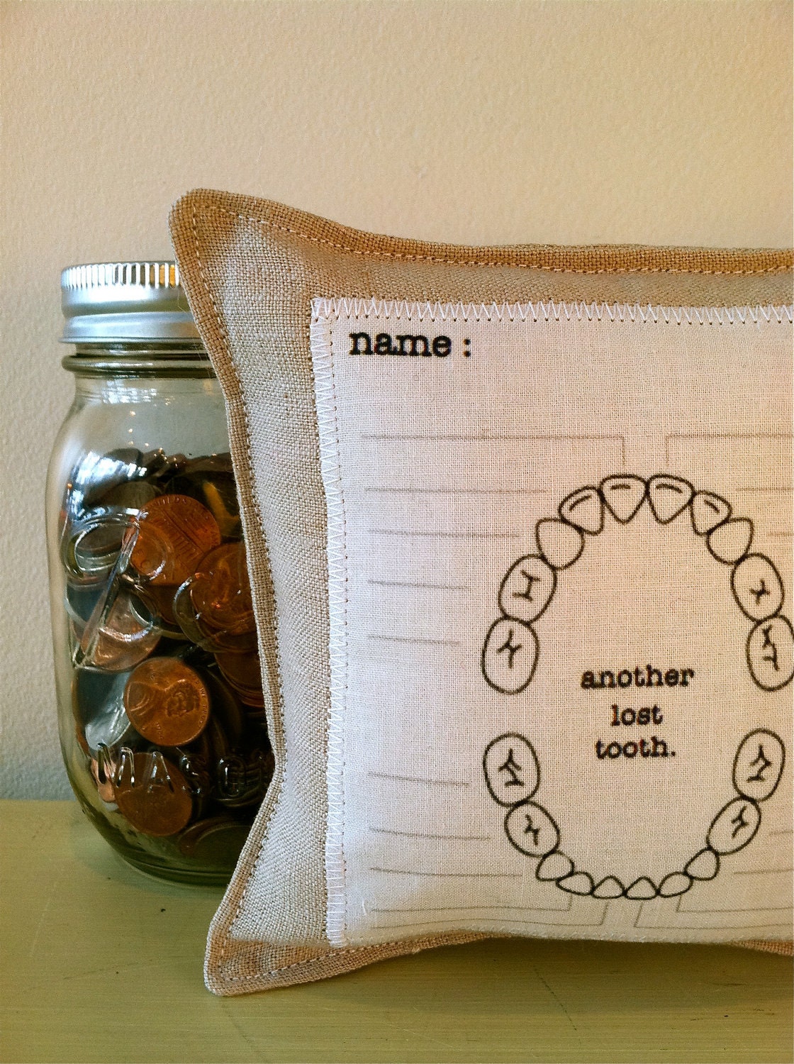 tooth fairy pillow with chart. 1 pillow. handmade by lisa of looploft.