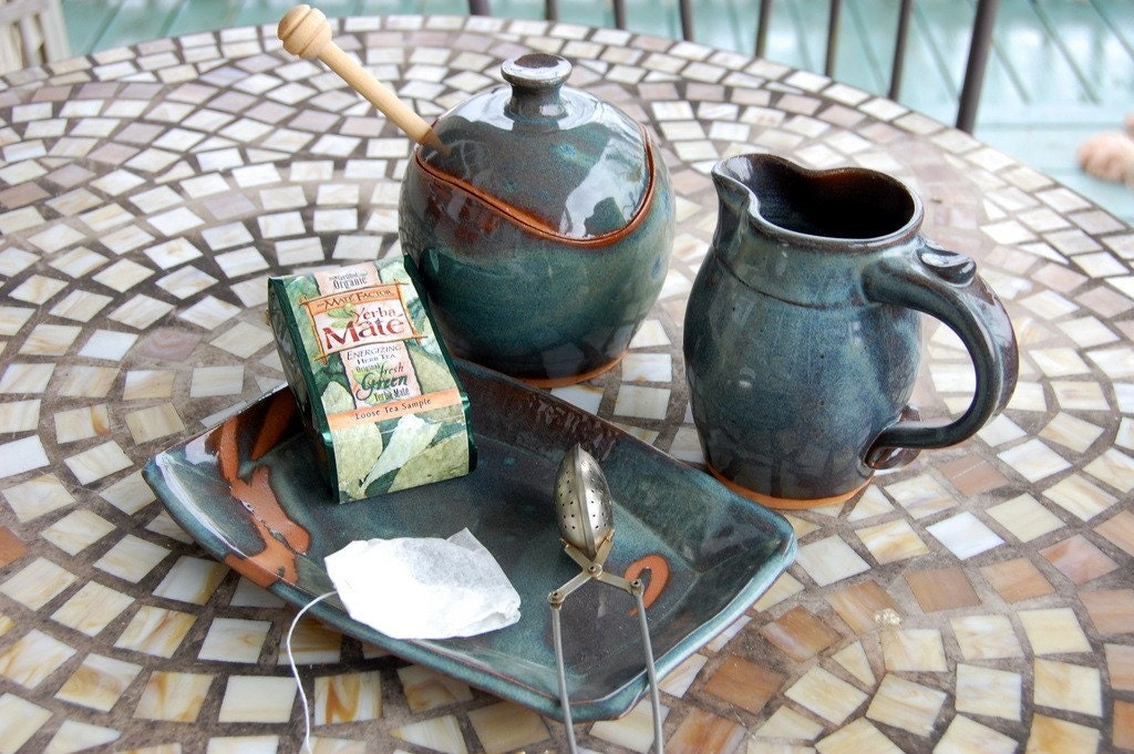 Slate Blue Creamer And Sugar Jar Set with Tray - Made to Order