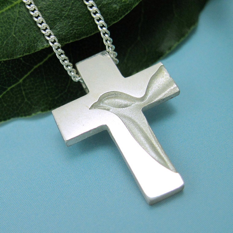 Silver Dove Cross, Holy Spirit Cross Necklace - PEACE DOVE CROSS Pendant with Chain, Spiritus Jewelry