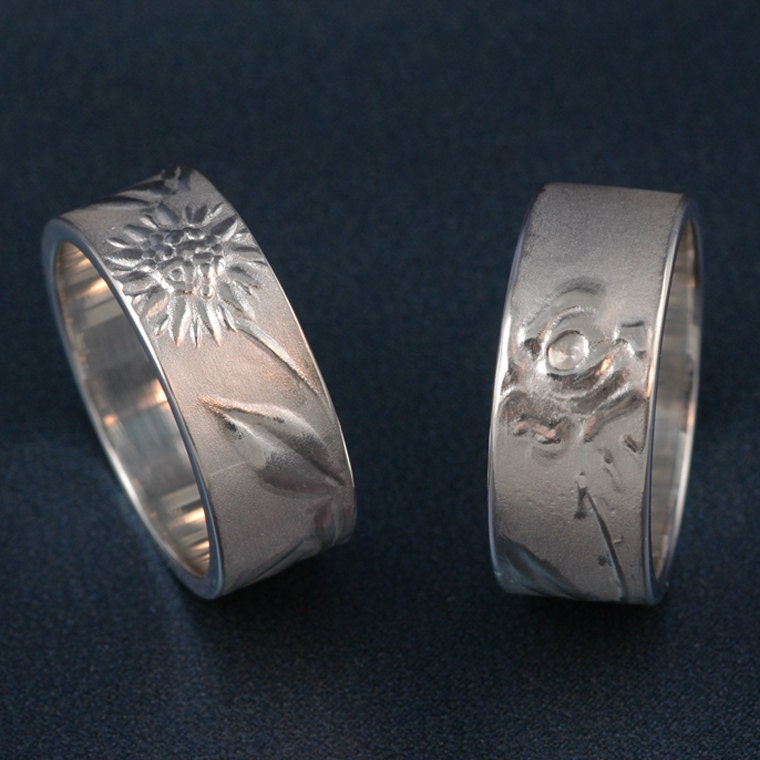 Sterling Silver SUNFLOWER or ROSE Wedding BAND Ring 9mm