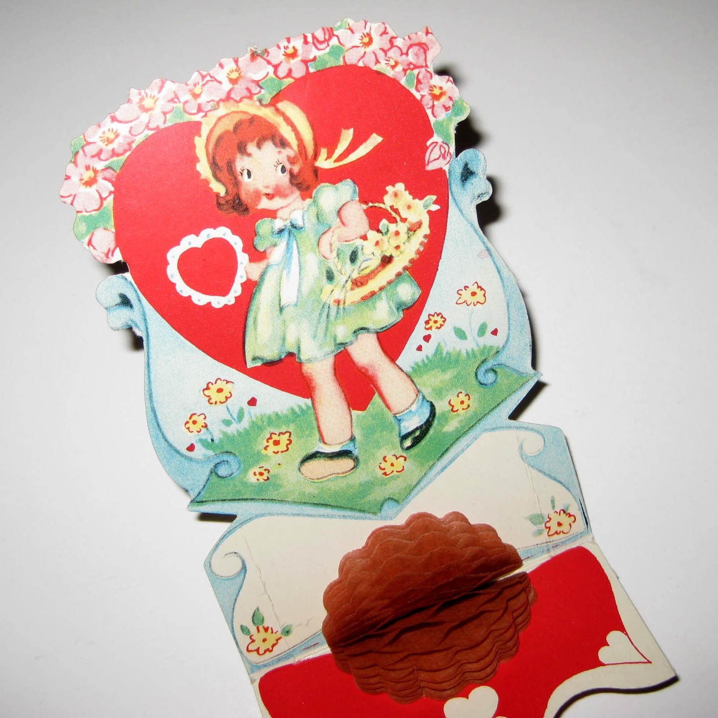 Vintage Antique Fold Out Valentine Greeting Card with Girl Basket of Flowers and Honeycomb