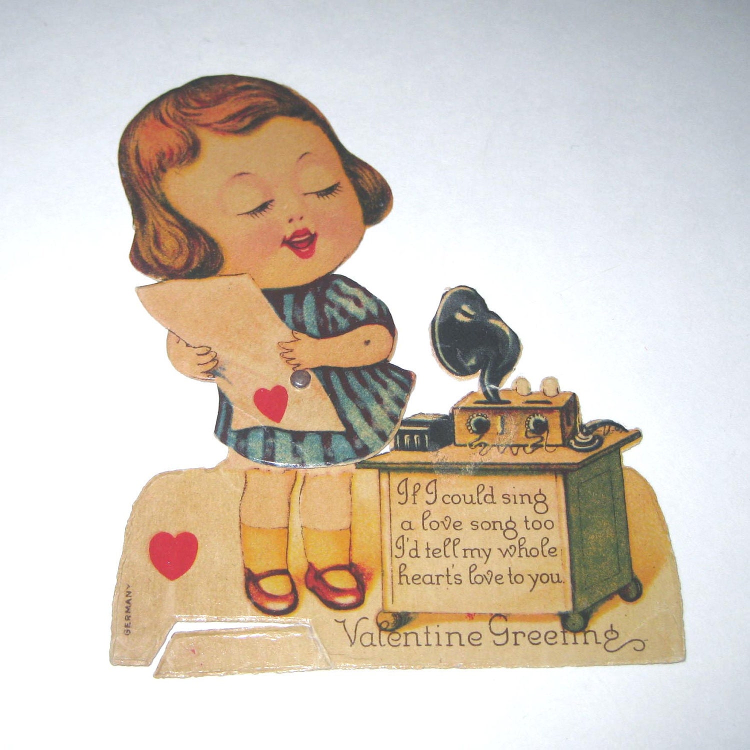 RESERVED FOR PELE Vintage Antique Mechanical German Valentine Greeting Card Little Girl Singing