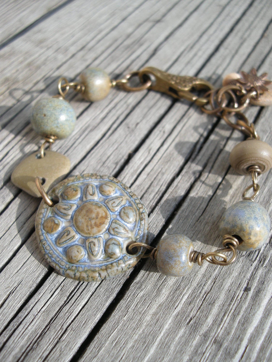 Sunflower ... Ceramic, Beach Stone and Brass Bracelet