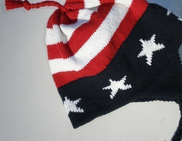 Mens Knit Hat USA Patriotic Helmet Hat  with Earflaps Red White Blue Flag Colors - BabbidgePatch