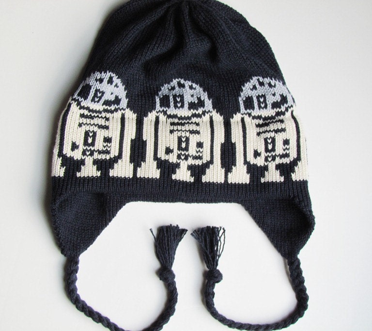 Adult Knit Hat Cotton Handmade Ear Flap Cap in a Galaxy Far Far Away Darkest Navy Silver Ecru