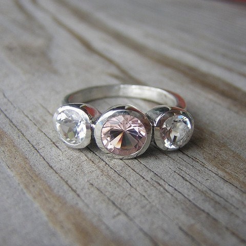 Morganite Gemstone Ring, Custom Made Recycled Silver Ring, Tarnish Free Three Stone Design