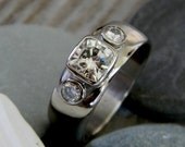 Moissanite Engagement Ring in 14k Palladium White Gold, Wide band Three Stone Wedding Band Ring