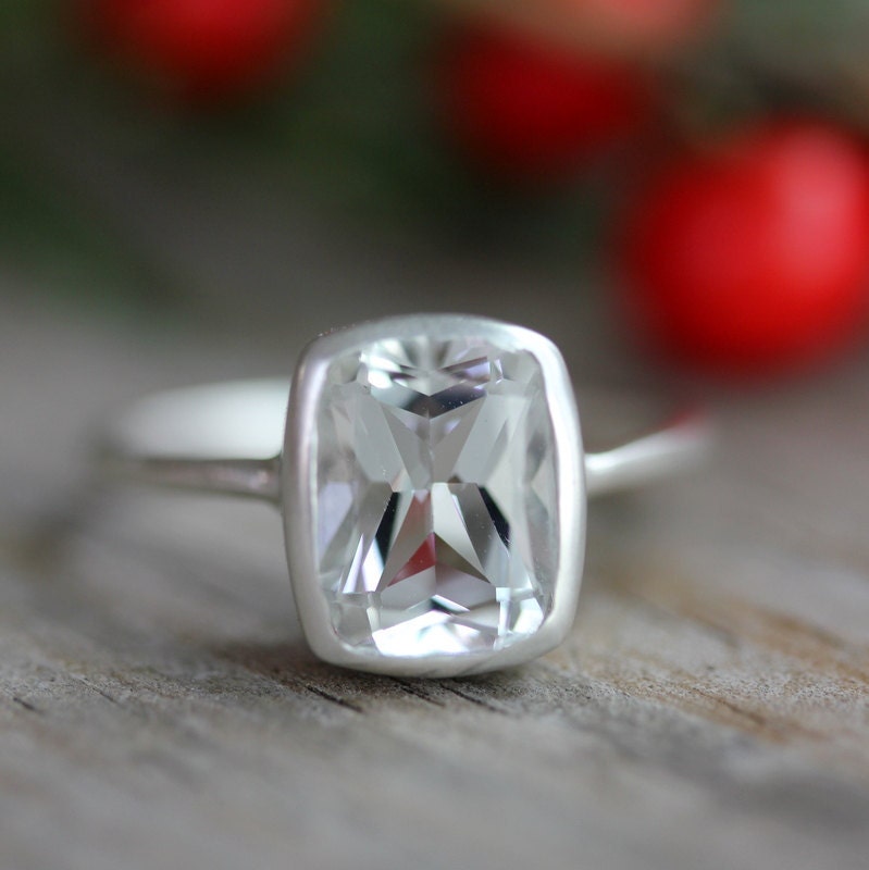 White Topaz and Matte Sterling Silver Cushion Solitaire Engagement Ring, Made To Order by Onegarnetgirl