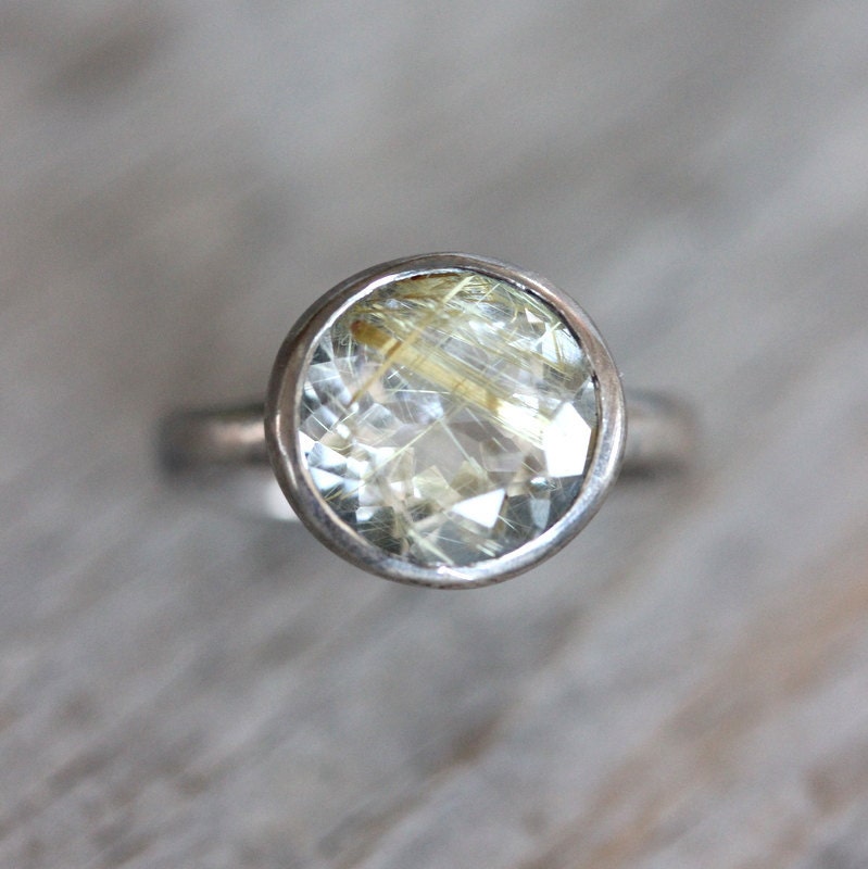 Size 7 Ready To Ship, Golden Rutilated Quartz and Patinaed Sterling Silver, Recycled Silver Gold Gemstone
