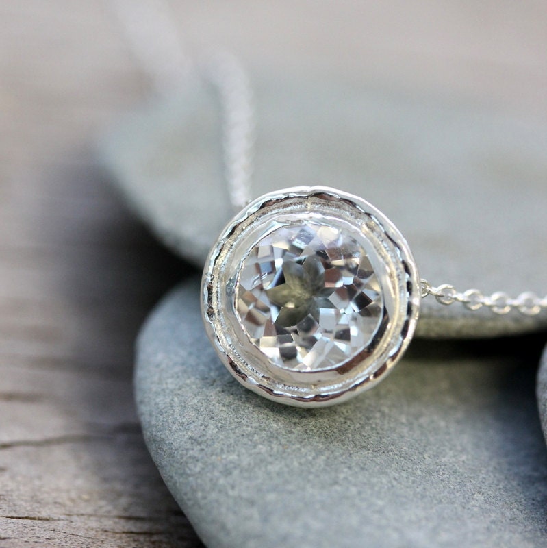 White Topaz HALO Slide Necklace in Sterling Silver, Vintage Inspired Slide Pendant