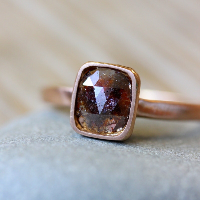 Rose Cut Diamond and 14k Rose Gold Ring, Cushion Cut Chocolate Diamond Ring, Made in Your Size