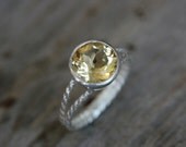 Citrine Gemstone and Recycled Sterling Ring, Lemon Yellow Rope Split Shank Design, Rapunzel