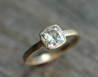 Cushion Cut Moissanite Engagement Ring in 14k Yellow Gold, Solitaire Cushion Cut Gemstone Ring