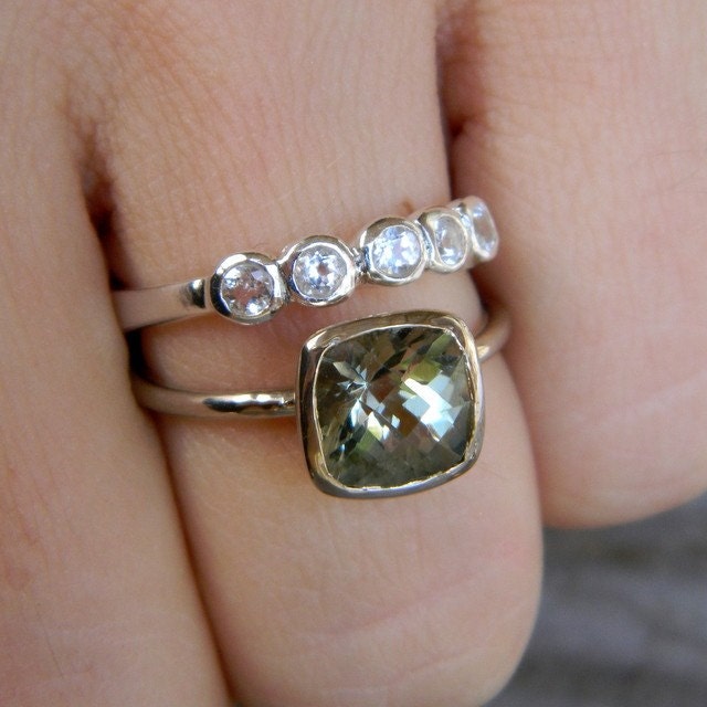 Green Amethyst Cushion Solitaire in 14k Palladium White Gold Ring, Made to Order