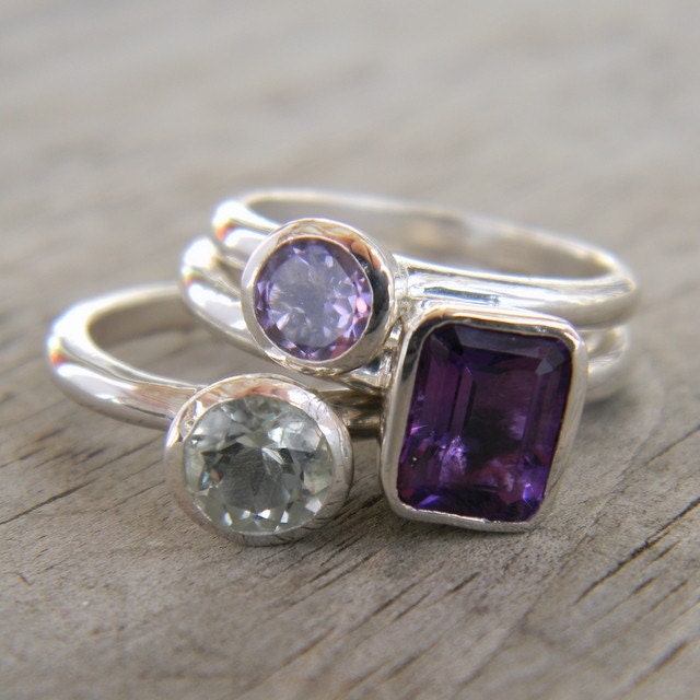 Three Amethyst Stacking Set, Grape Purple, Lavender and Mint Green Gemstone Rings In Sterling Silver