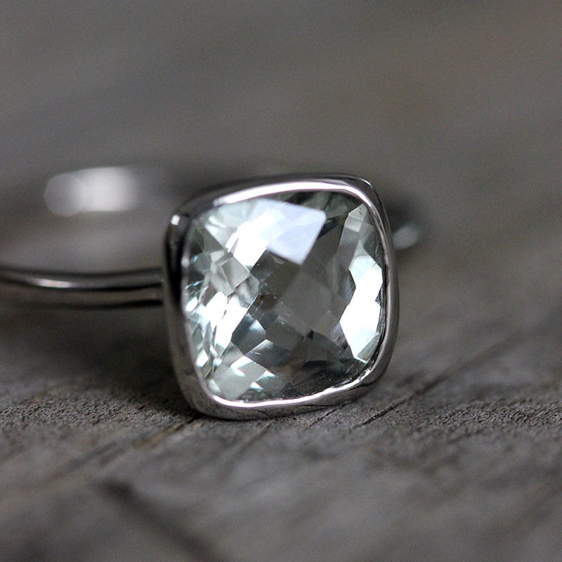 Green Amethyst Cushion Solitaire in 14k Palladium White Gold Ring, Made to Order