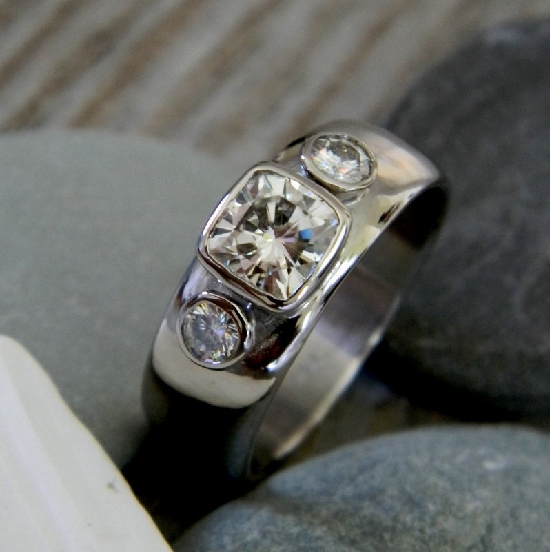 Moissanite Engagement Ring in 14k Palladium White Gold, Wide band Three Stone Wedding Band Ring