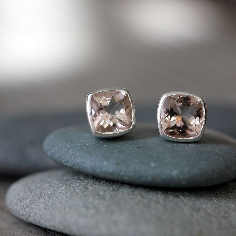 Morganite and Sterling Silver Earrings, Cushion Cut Stud Earrings, Made To Order