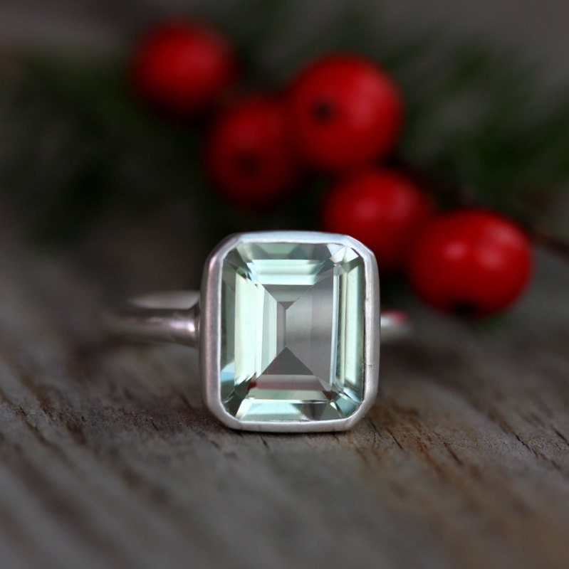 Green Amethyst Emerald Cut Gemstone Ring in Argentium Sterling Silver, Recycled Silver Ring Made to Order