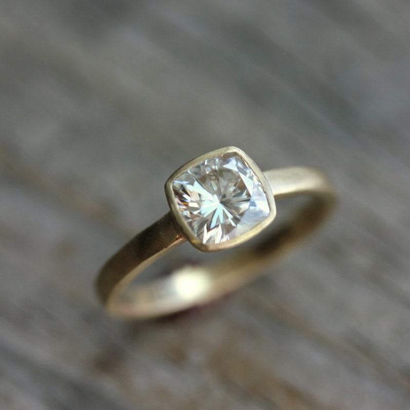 Cushion Cut Moissanite Engagement Ring in 14k Yellow Gold, Solitaire Cushion Cut Gemstone Ring