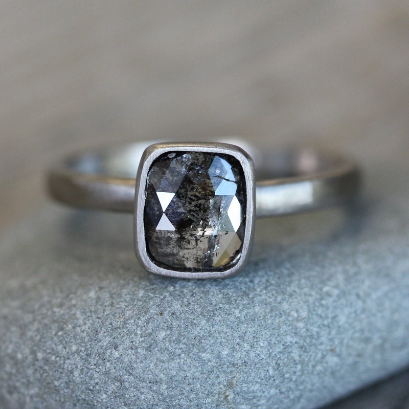 Rose Cut Diamond and 14k Palladium White Gold Ring, Cushion Cut Diamond Ring, Made in Your Size