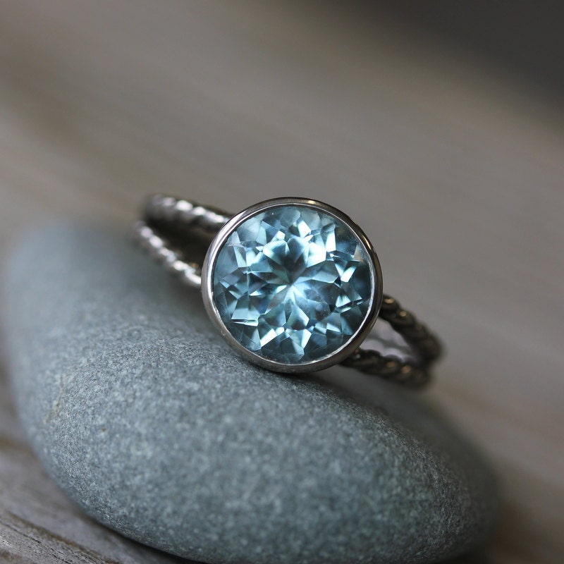 Aquamarine Split Shank 14k Palladium White Gold rapunzel Ring, Engagement Ring or Right Hand Ring