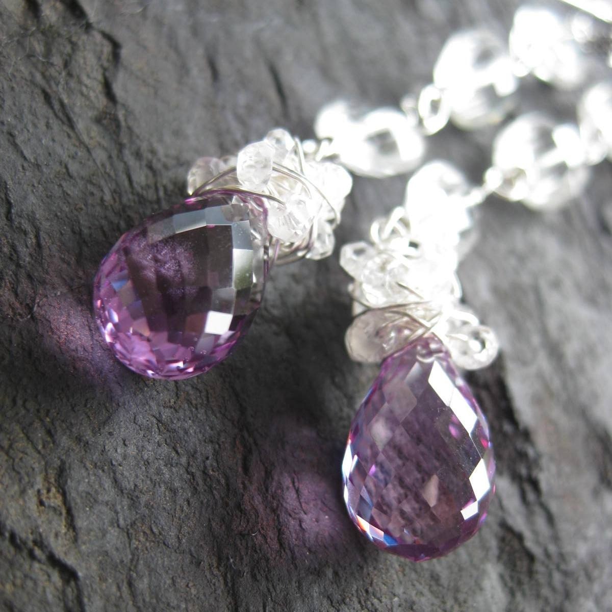 Chateau lavender-pink quartz, crystal quartz, silver earrings