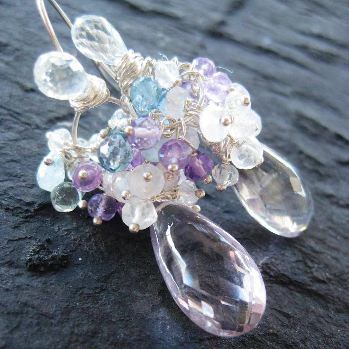 Blue topaz earrings, pink amethyst moonstone aquamarine sterling silver long cluster dangle mermaid gemstone jewelry --Cozumel--