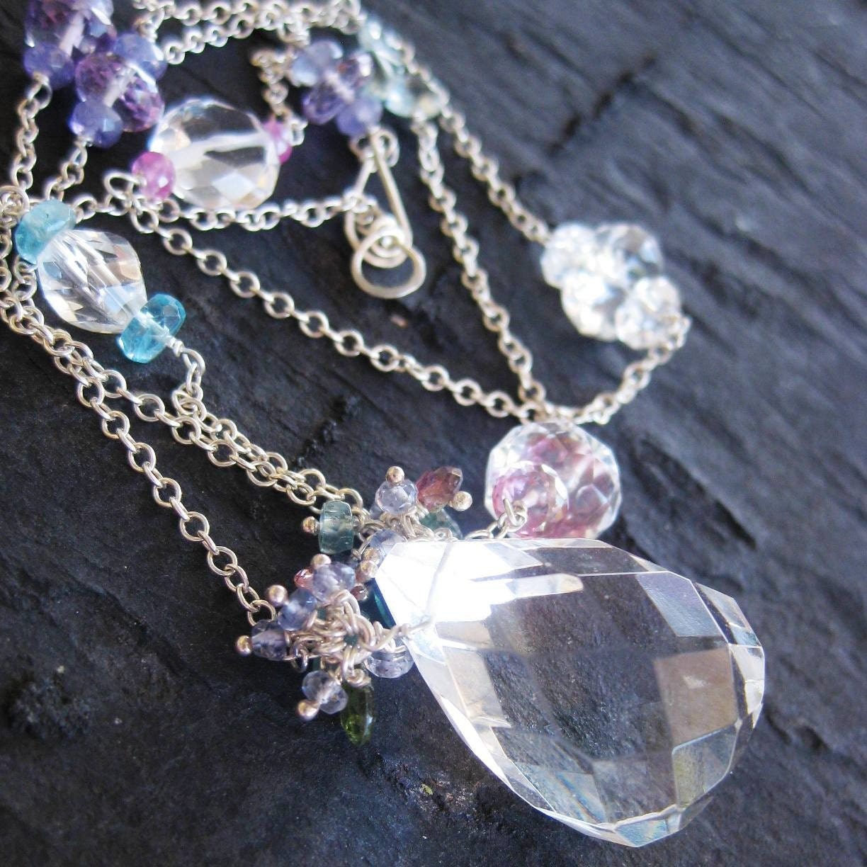 Crystal quartz, pink tourmaline necklace sterling silver pink topaz turquoise apatite aquamarine large statement feminine mermaid --Oslo--