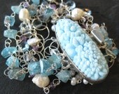 Blue topaz pearl bracelet sterling silver multi strand statement vintage look clasp aqua mermaid bride something blue gemstone jewelry Cielo