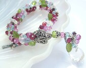 Gemstone bracelet sterling silver pink tourmaline garnet pink sapphire peridot valentine flower lei wedding cluster jewelry --Fleurs--