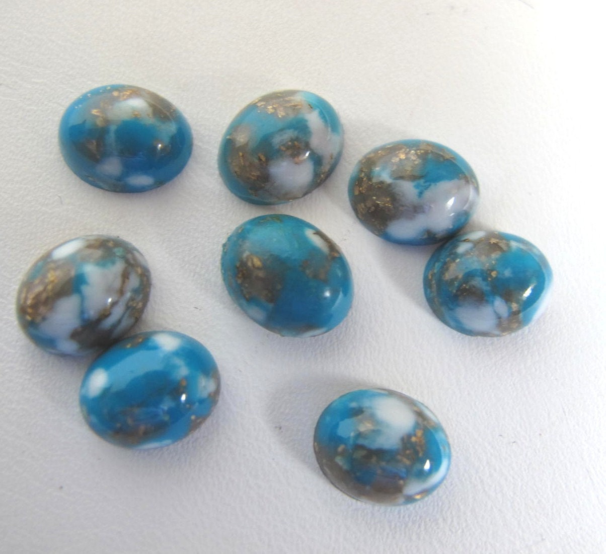 8 Teeny Vintage Lucite Cabs 8 x 9.5 mm Gold and White flecks in Deep Turquoise