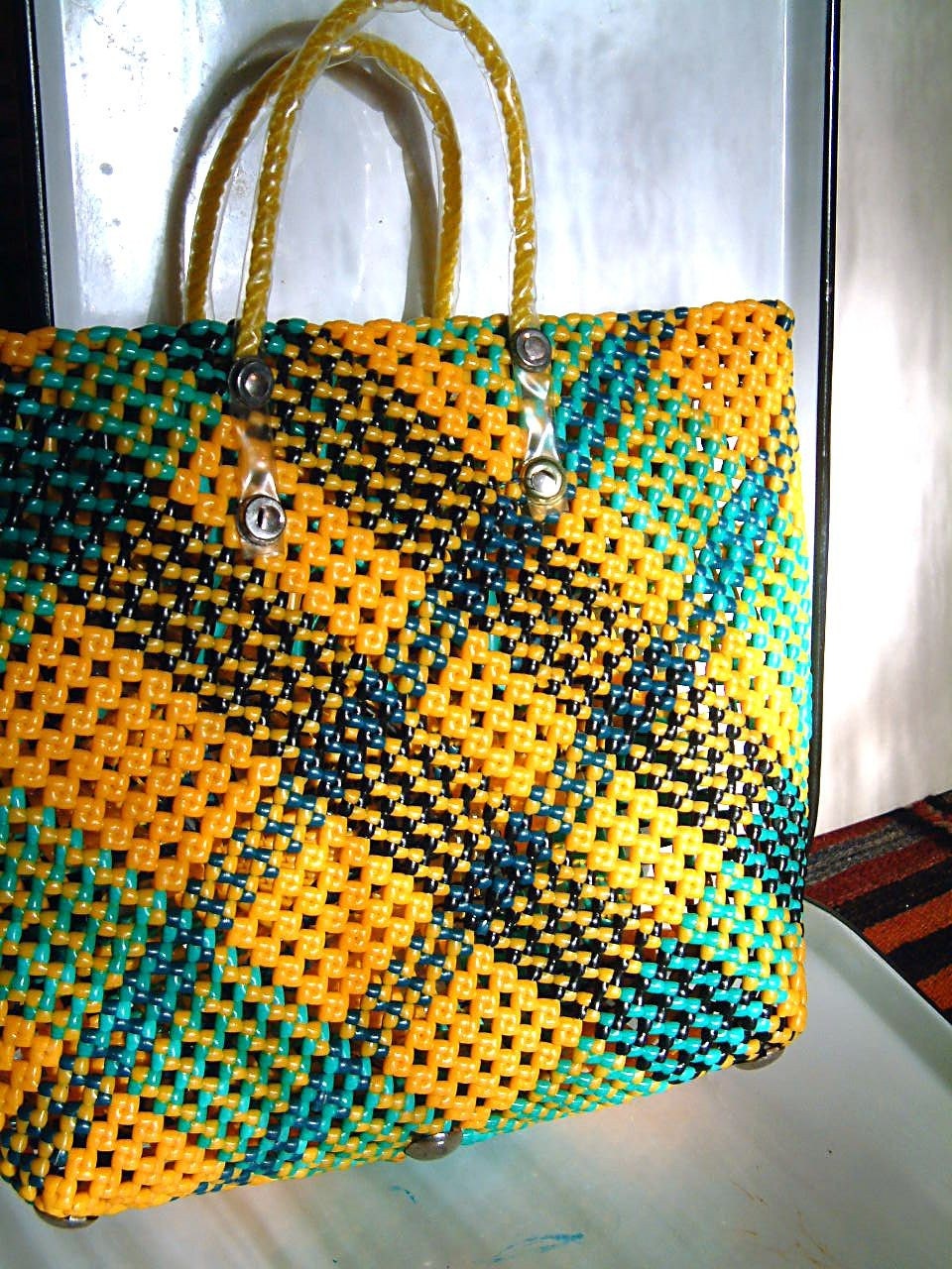 Vintage Plastic Yellow Basket Purse-- great for Beach