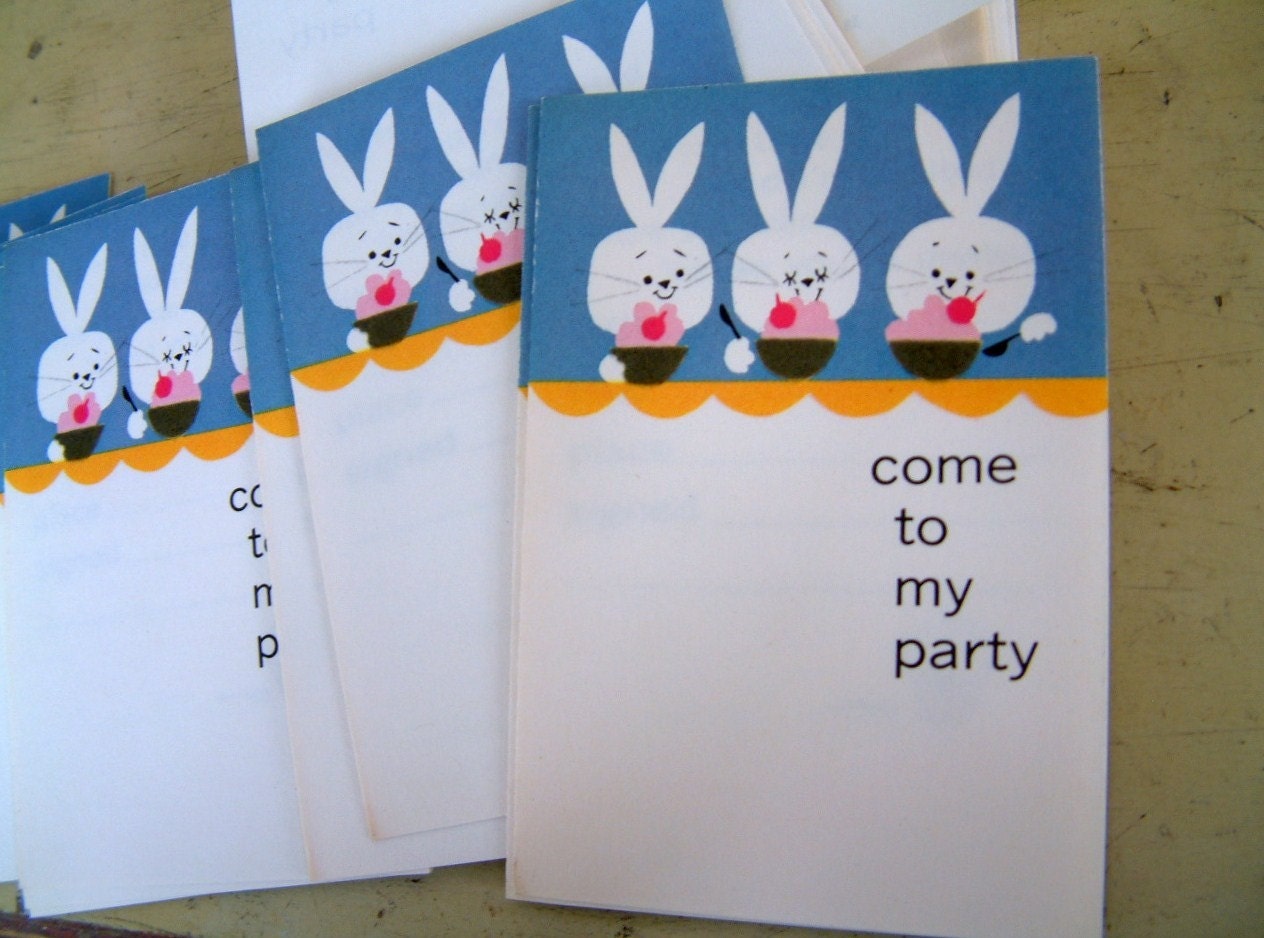Vintage 1960s Retro Bunny Rabbit Party Invitations