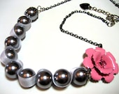 Pink rose necklace - Vintage inspired pink rhinestone rose with chunky faux soft gray pearls and matching ribbon