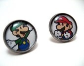 Mario Bros Studs - Mario and Luigi Nintendo bezel post earrings - LARGE 14mm - Geek Chic Gamer Jewelry